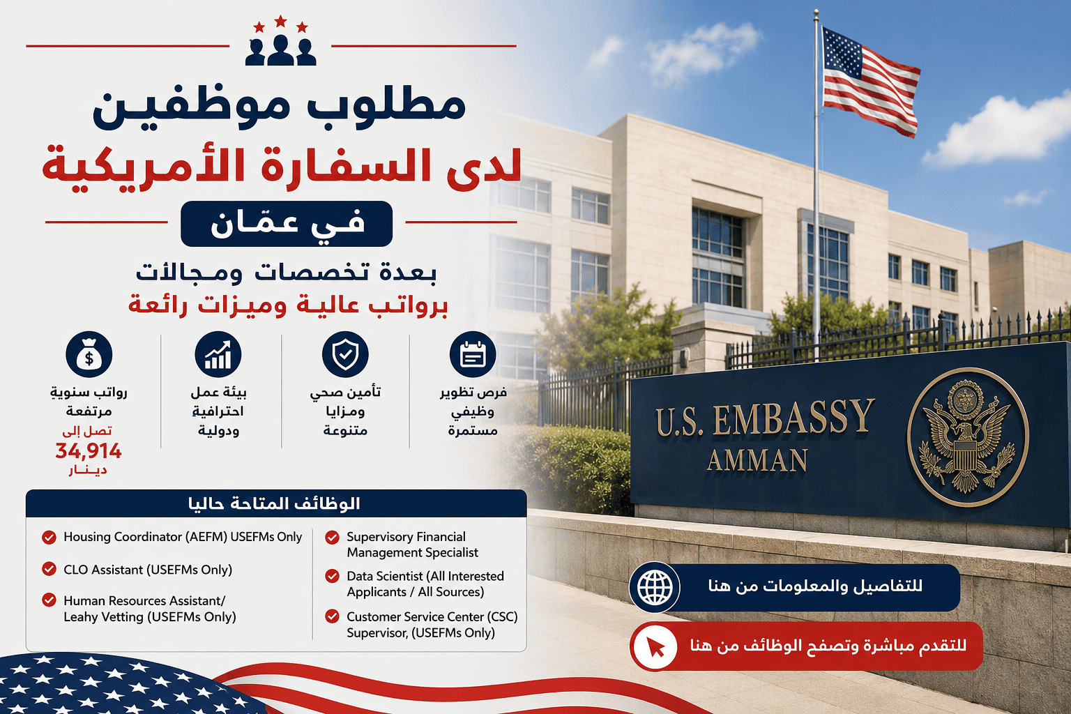 مطلوب موظفين للعمل لدى السفارة الأمريكية في عمّان بعدة تخصصات ومجالات برواتب عالية وميزات رائعة